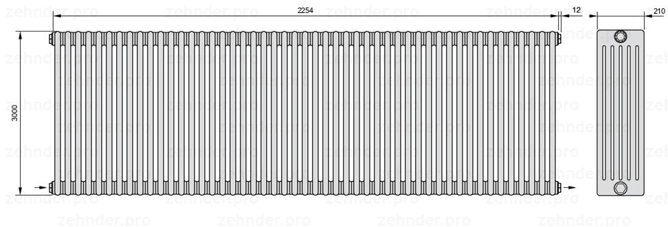 Схема (чертеж) Радиатор Zehnder Charleston 6300/49 №2670 Белый глянцевый RAL 9016